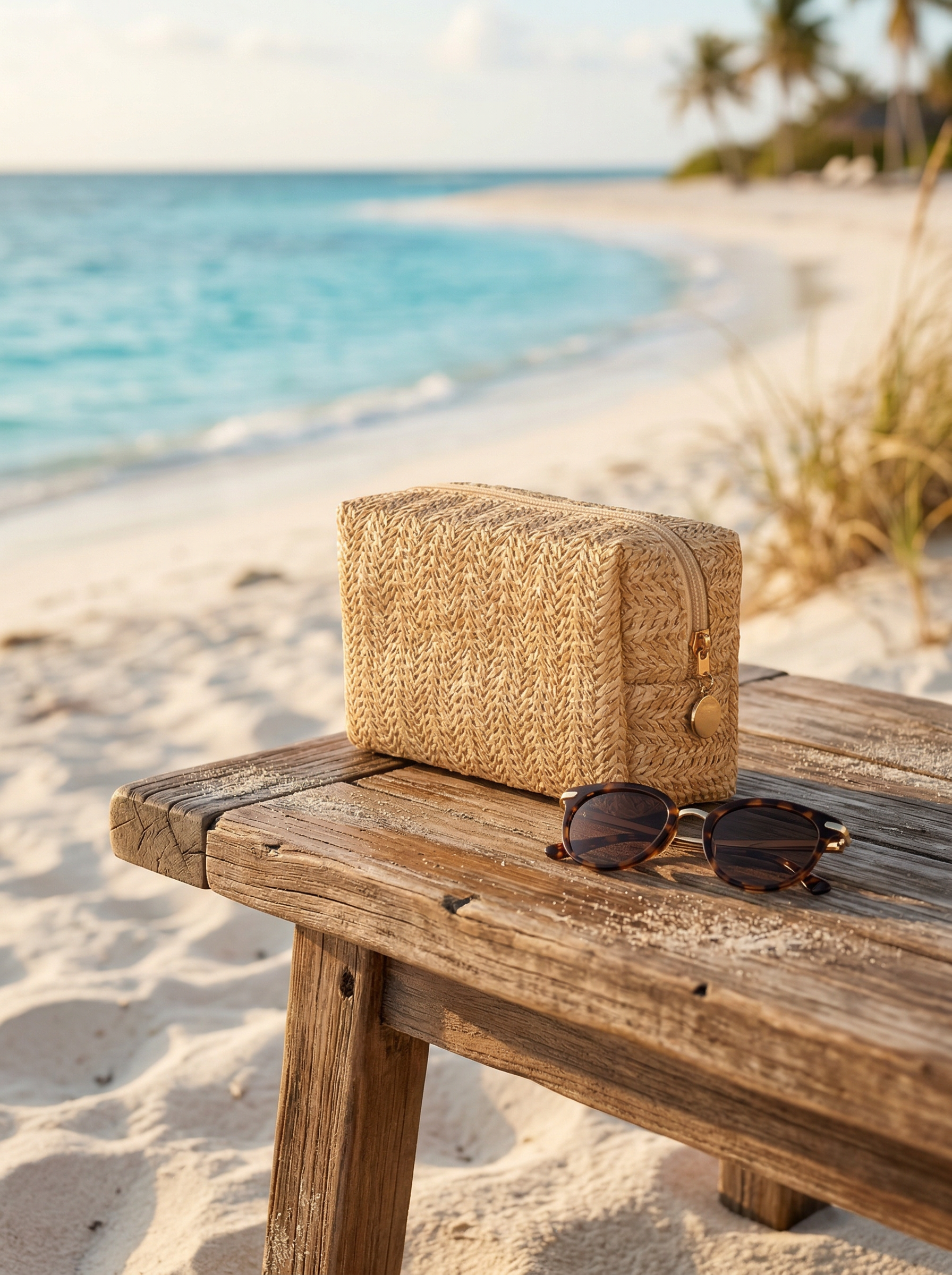 Rattan pouch and sunglasses on a table with beac and ocean background.