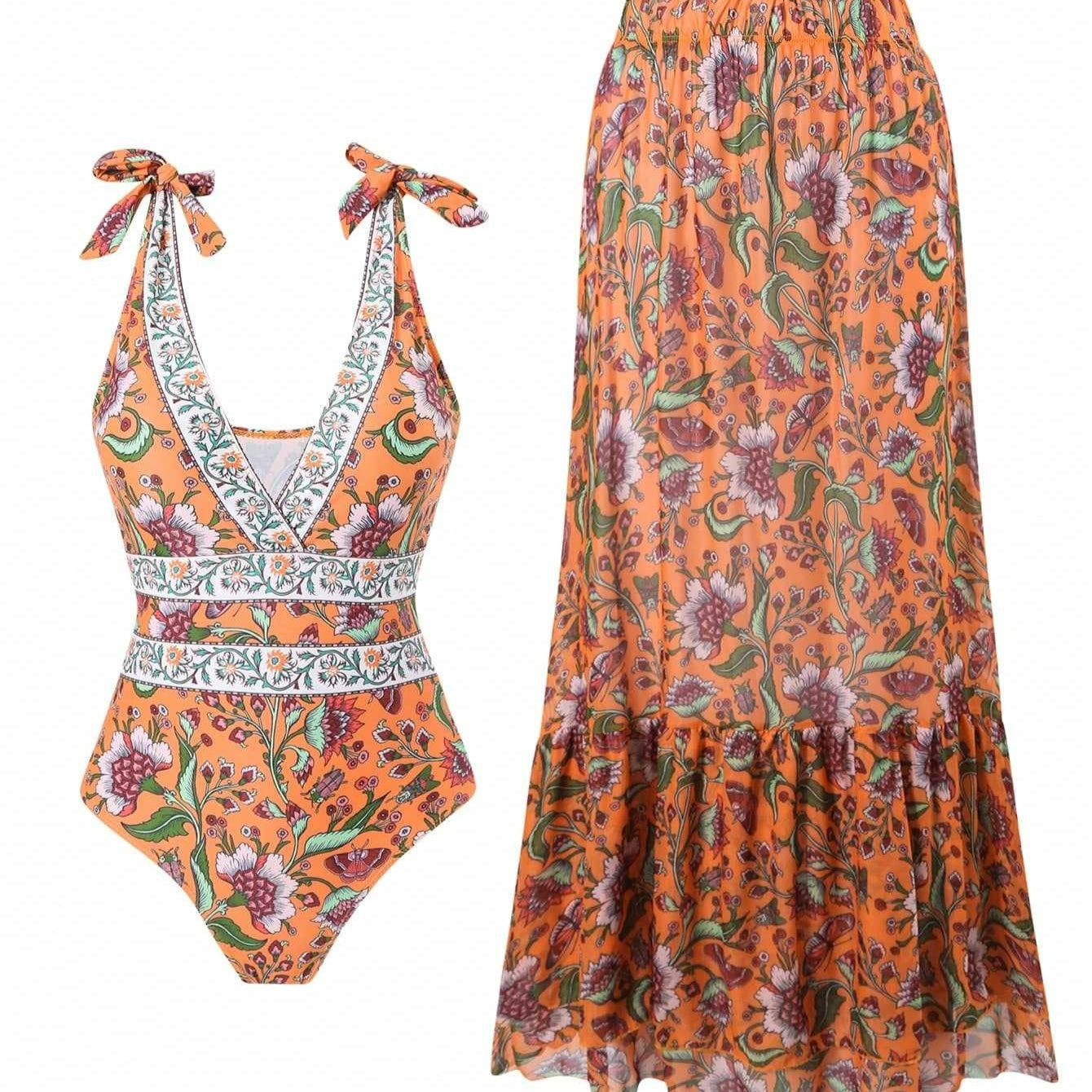 Orange floral swimsuit and matching skirt on a white background