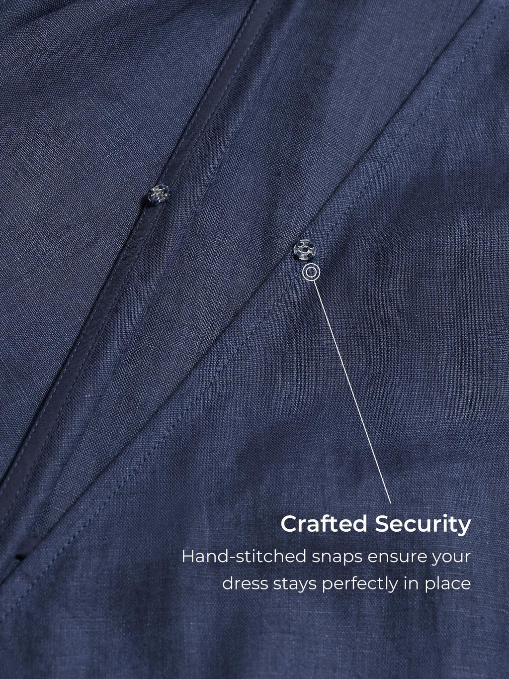Close-up of a navy blue dress with hand-stitched snaps, labeled 'Crafted Security'.