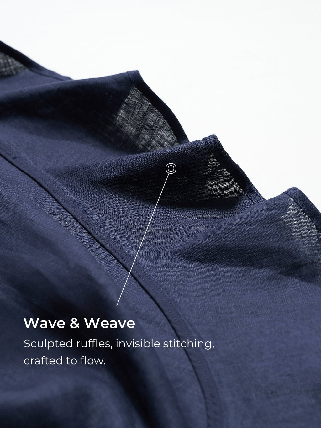 Navy blue fabric with 'Wave & Weave' text and details on a white background