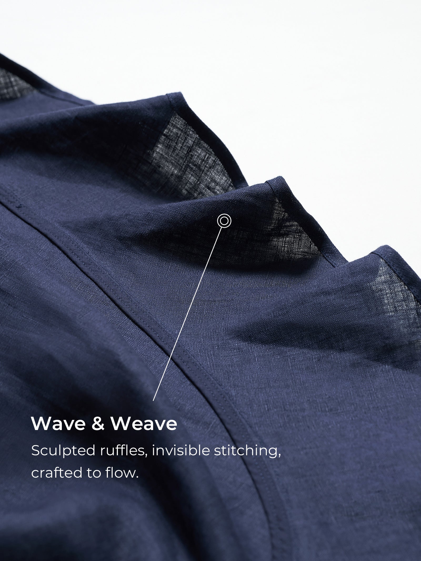 Navy blue fabric with 'Wave & Weave' text and details on a white background