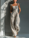 Striped Linen Sleeveless Wide-Leg Jumpsuit
