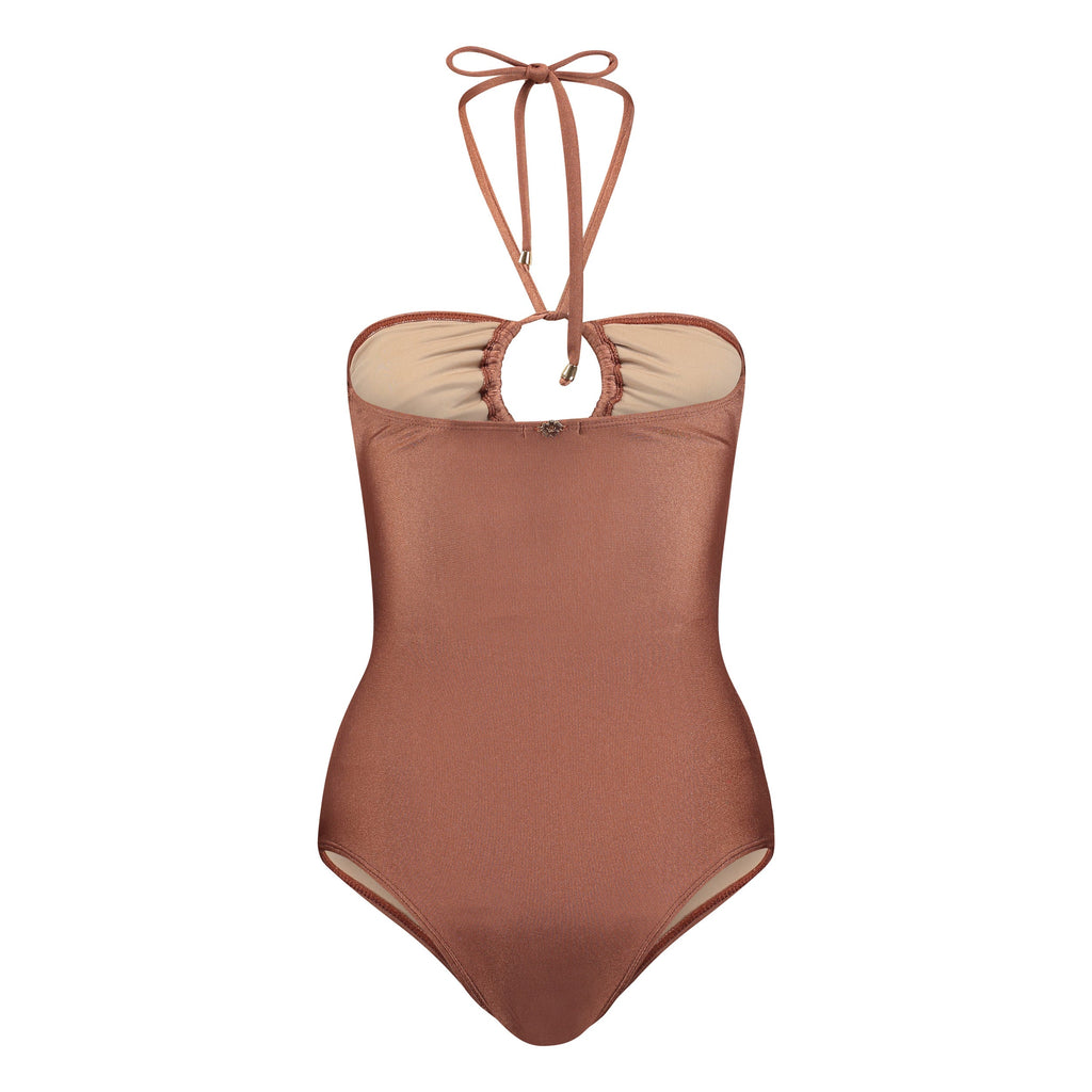 Brown one-piece swimsuit with thin straps on a white background