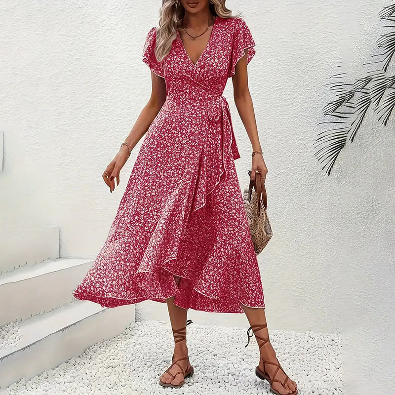 Woman wearing a red floral dress against a white wall.