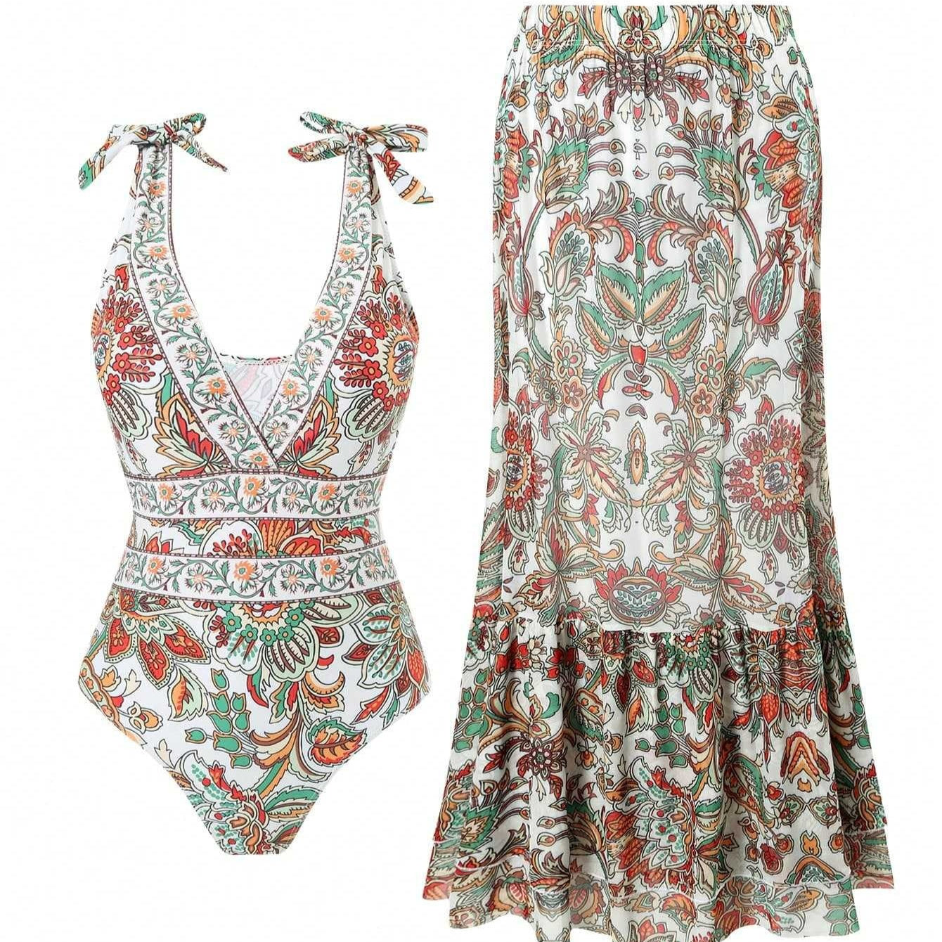 Floral swimsuit and skirt set on a white background