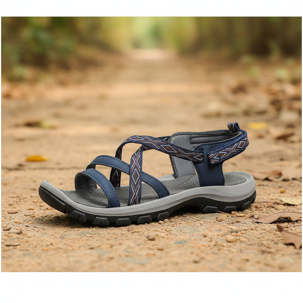 Blue and gray sandal on a dirt path with blurred greenery in the background