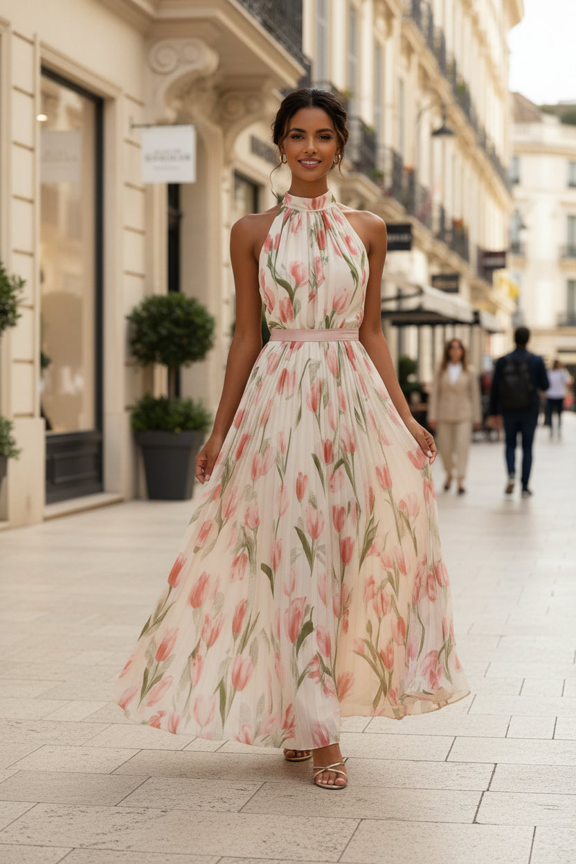 Woman in a floral dress walking on a city street