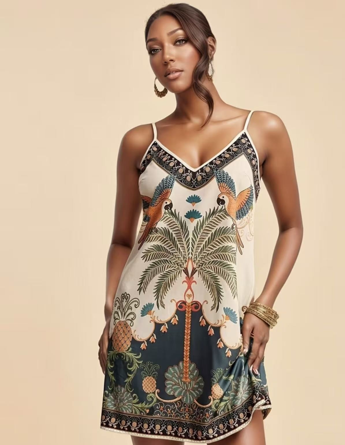 Woman wearing a patterned dress with palm trees and birds on a beige background