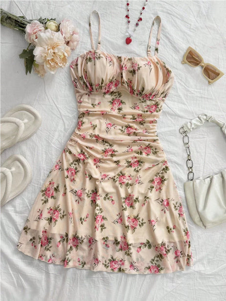 Boho Floral Spaghetti Strap Mini Dress – Ruched Ruffle Hem