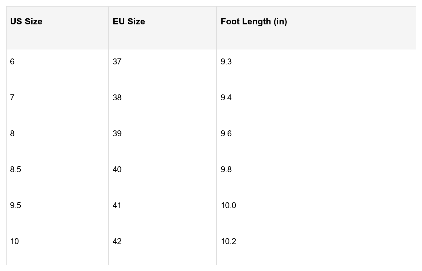 Table showing shoe size conversions from US to EU with corresponding foot lengths in inches.