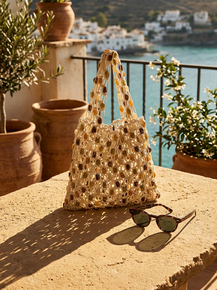Beaded handbag on a table with sunglasses and scenic background