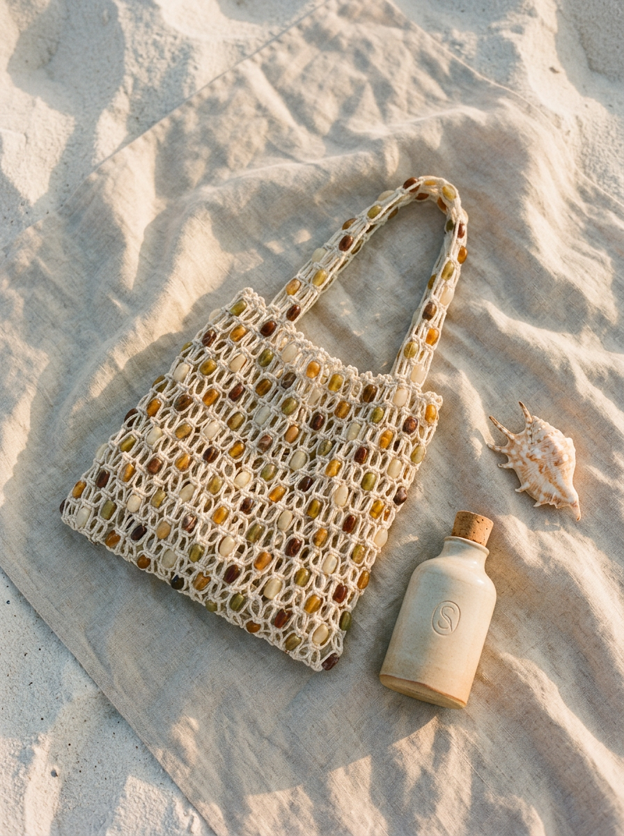 Mesh bag with shell pattern and bottle on sandy surface