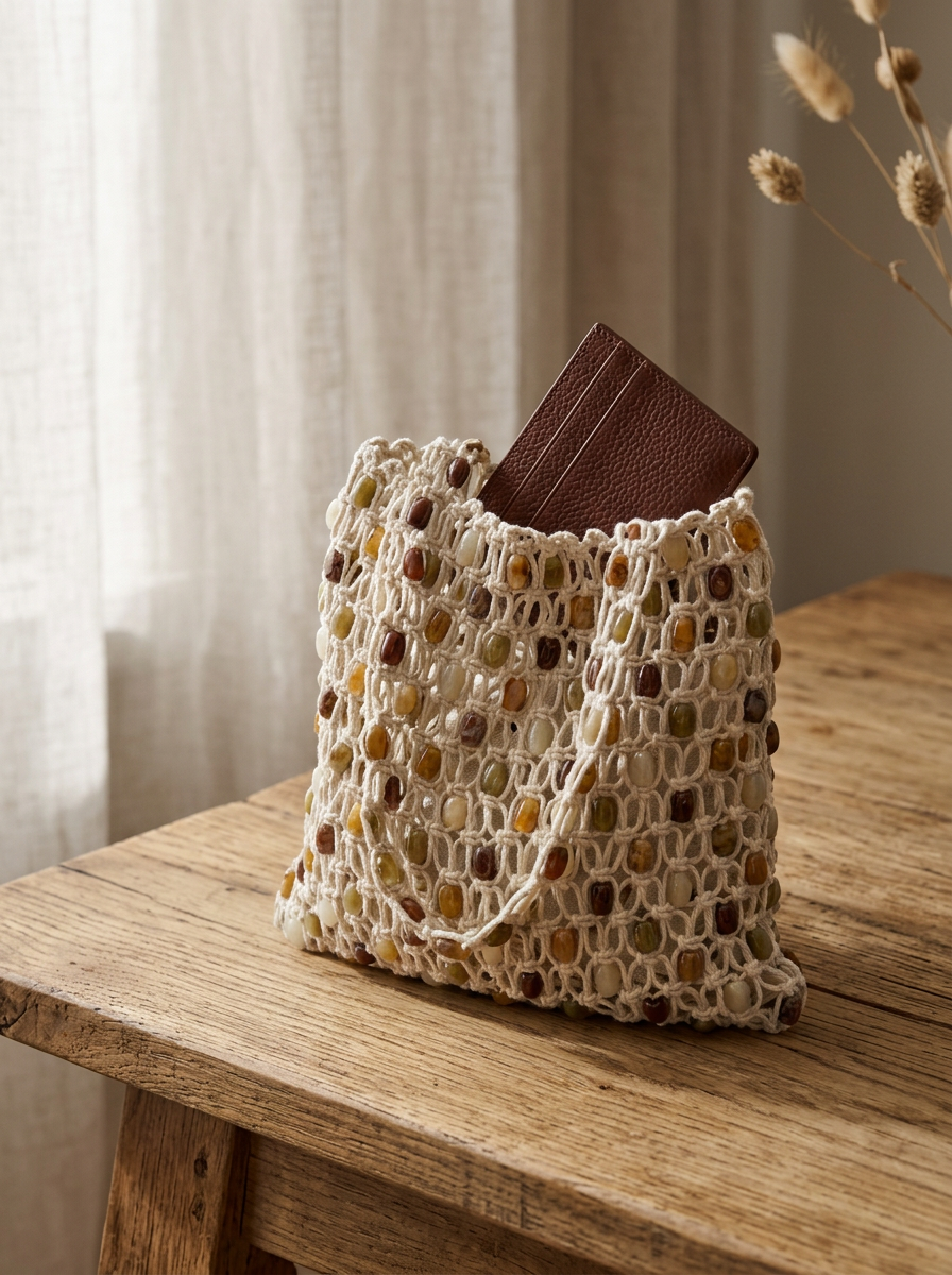 Woven bag with a brown wallet on a wooden surface