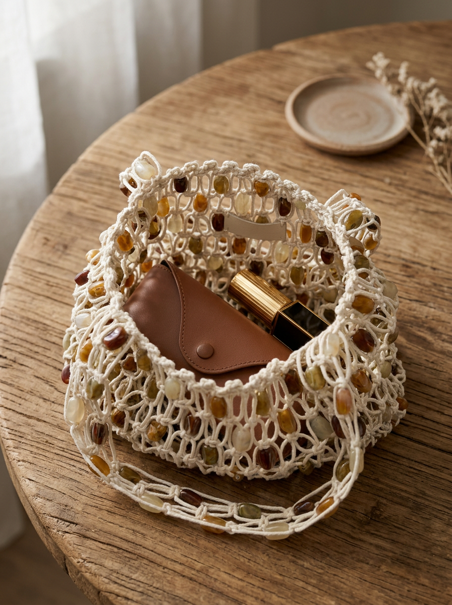 Crocheted bag with colorful beads on a wooden table