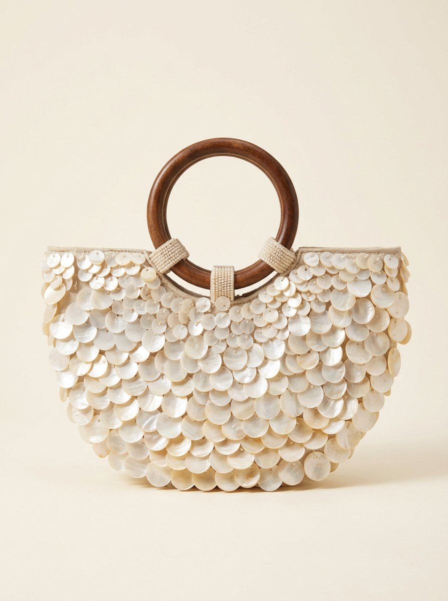 Handbag with wooden handle and shell-like embellishments on a beige background