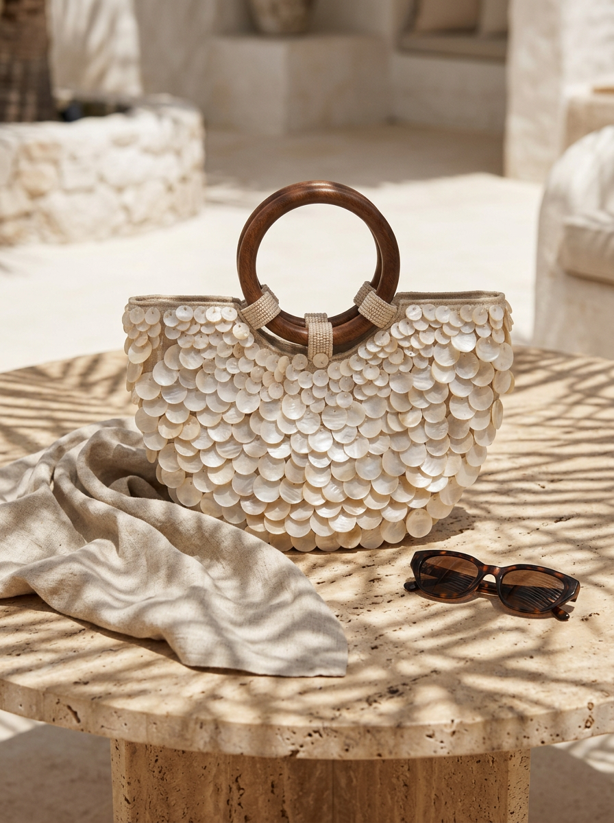 Shell-patterned handbag with wooden handle on a stone surface with sunglasses