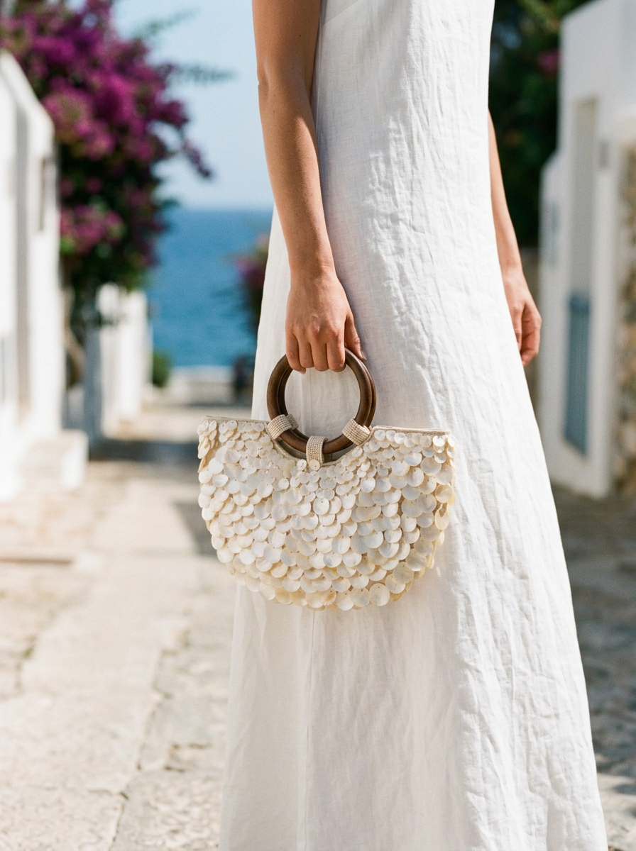 Person holding a woven handbag with a scenic background