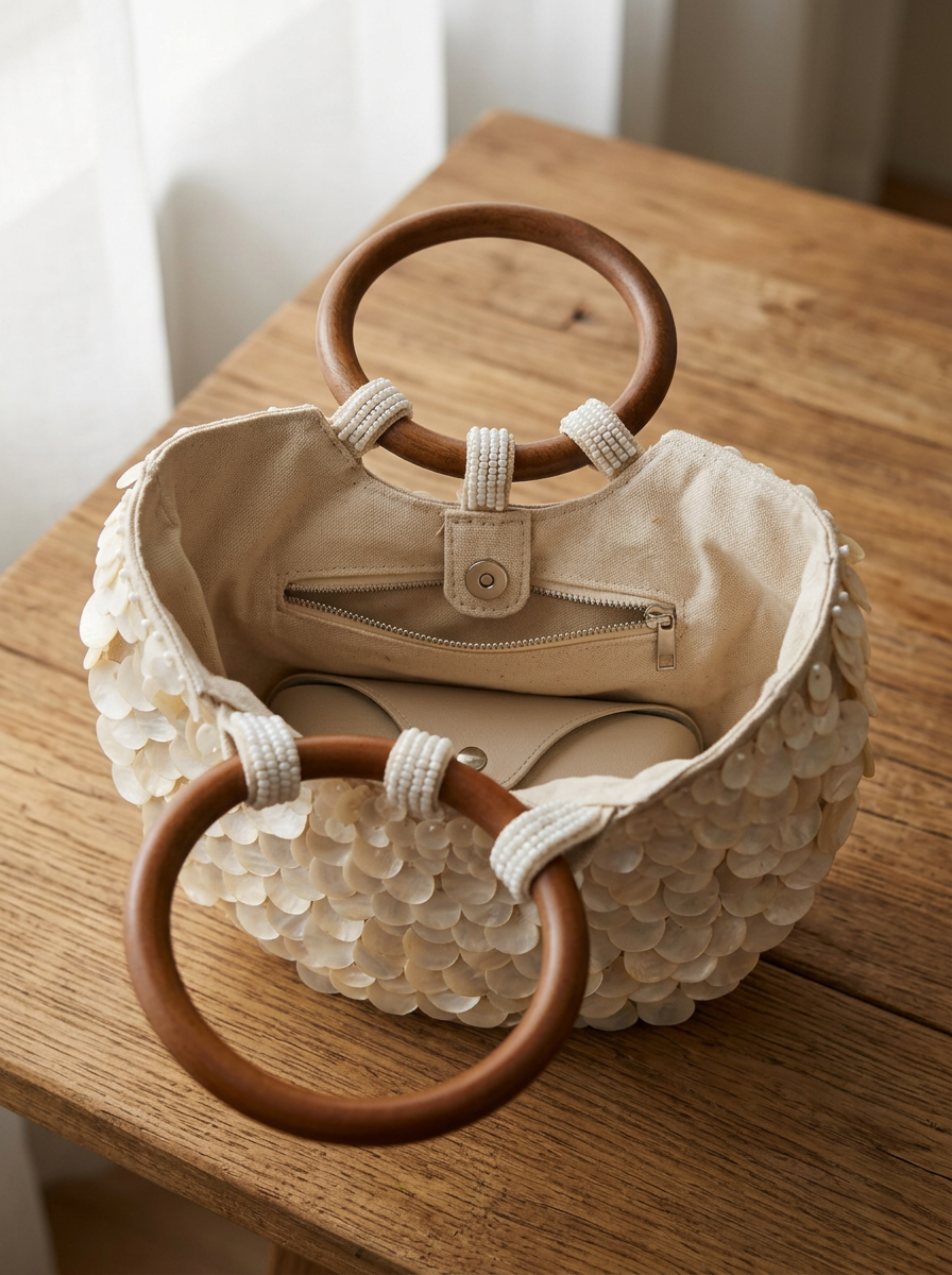 Beige handbag with wooden handles on a wooden surface