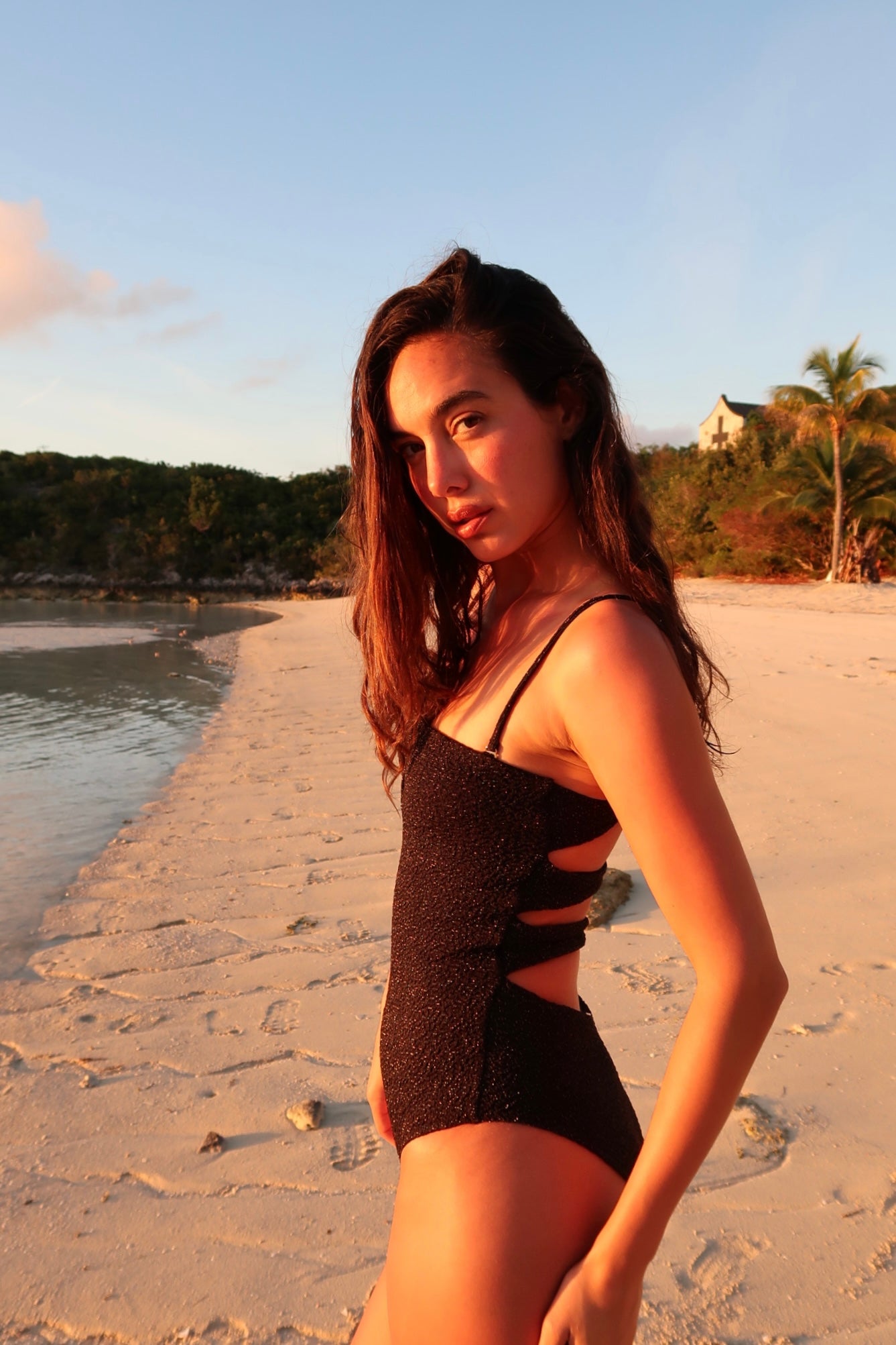 Woman in a shimmery black swimsuit standing on a sandy beach with palm trees and water in the background.