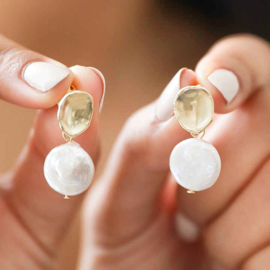 Molten Freshwater Pearl Drop Earrings | 14K Gold Plated Brass