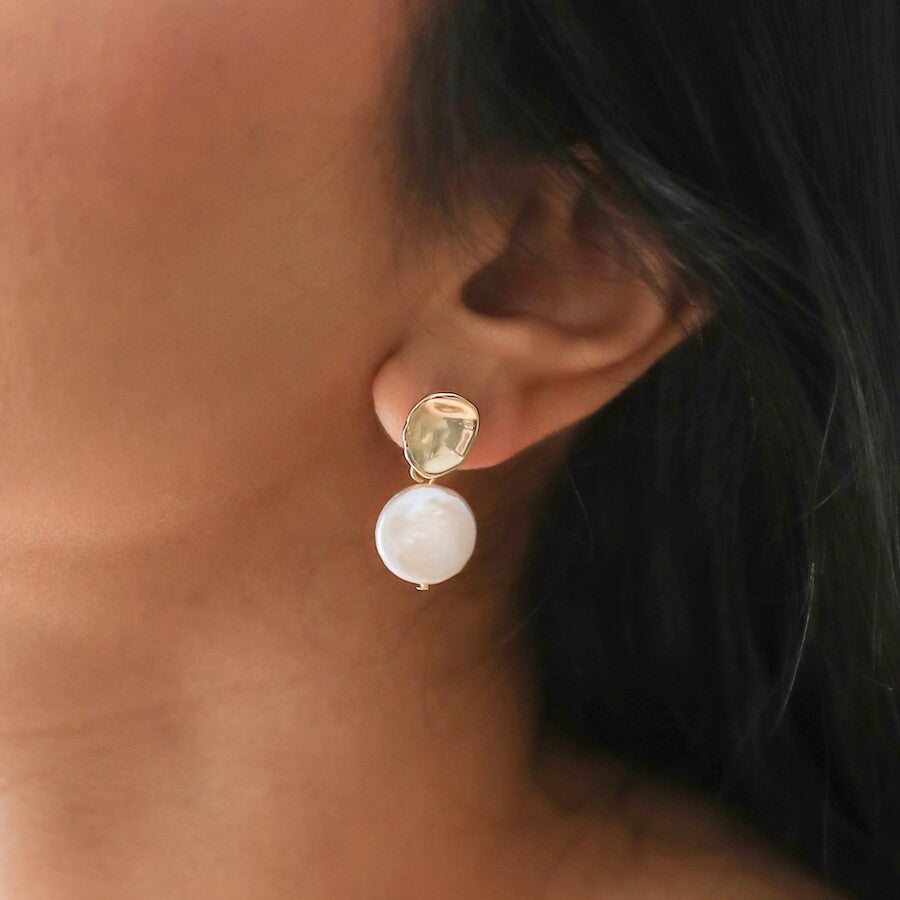 Molten Freshwater Pearl Drop Earrings | 14K Gold Plated Brass