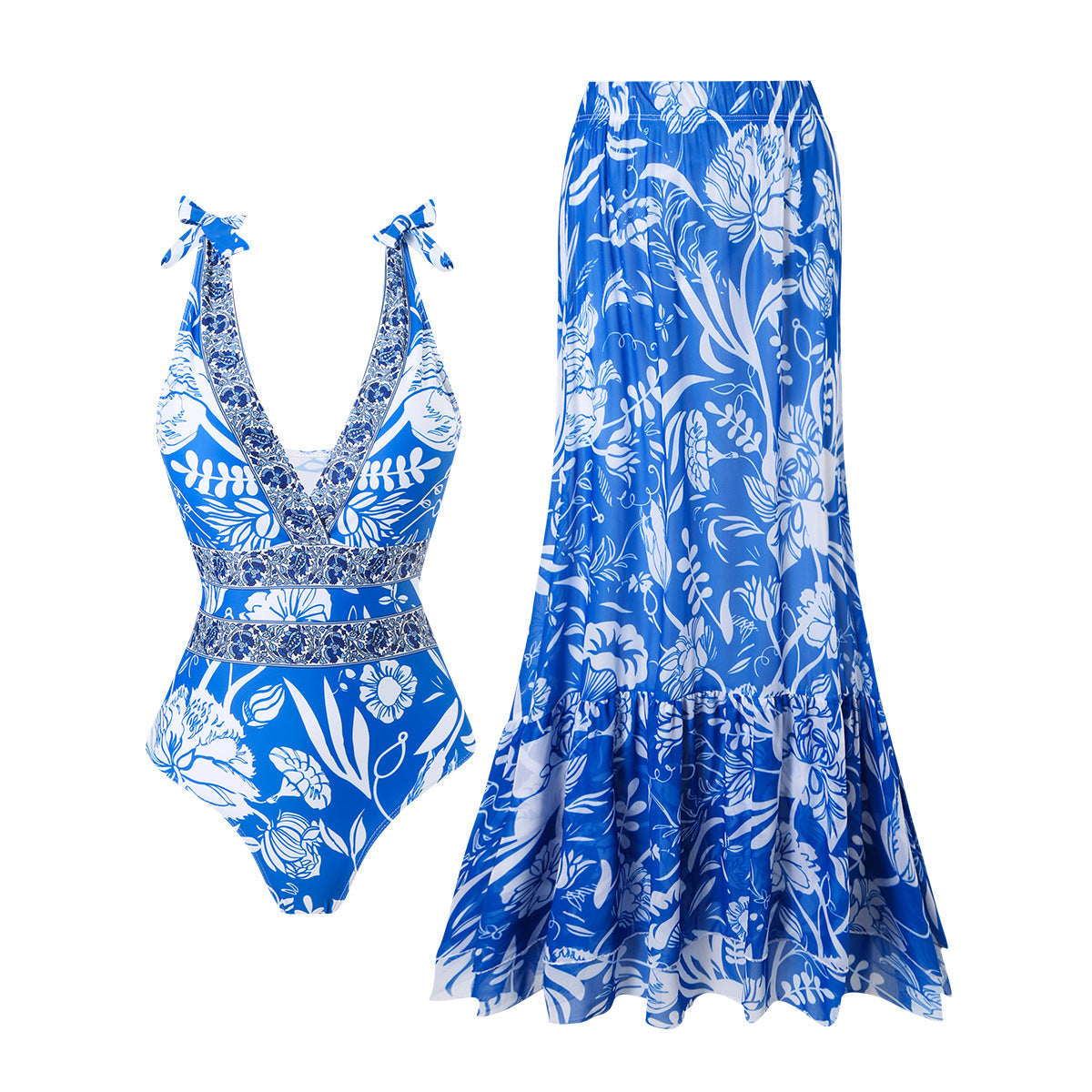 Blue and white floral swimsuit and skirt set on a white background