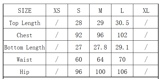 Size chart for clothing with measurements in centimeters for XS, S, M, L, and XL.