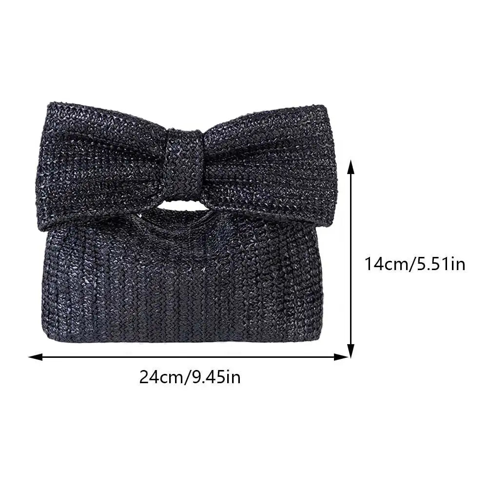 Black glittery bow tie with measurements on a white background