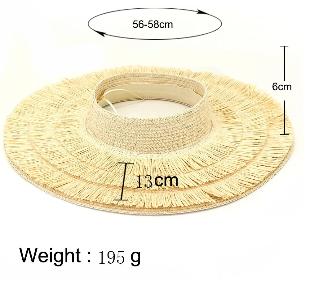 Beige straw visor hat with measurements on white background.