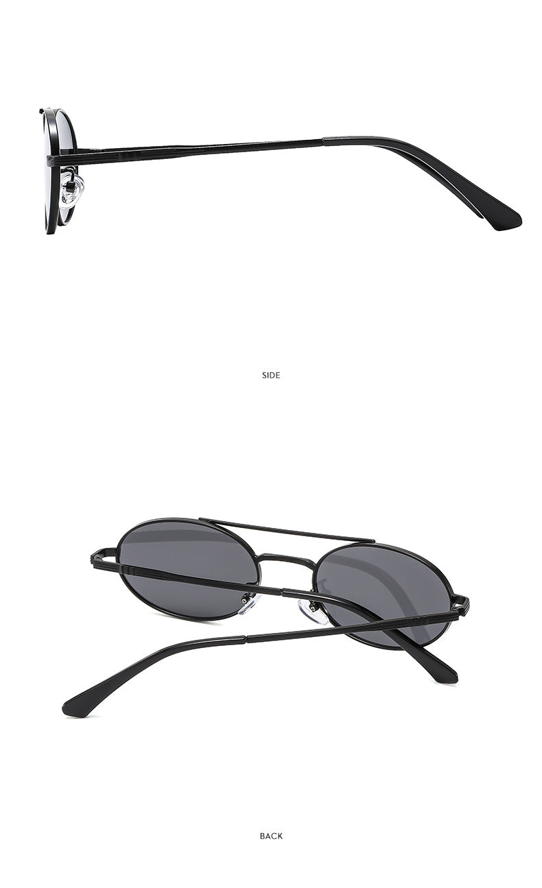 Black sunglasses with thin metal frame on a white background