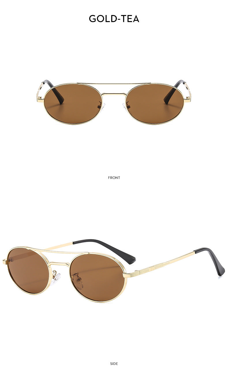 Round sunglasses with gold frames and brown lenses on a white background