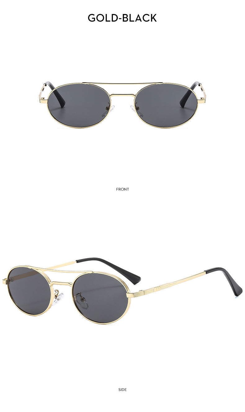 Gold-framed sunglasses with dark lenses on a white background