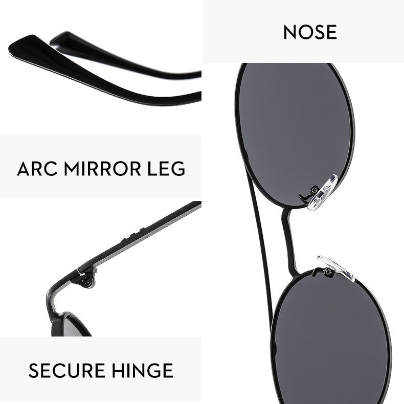 Black sunglasses with labeled parts on a white background