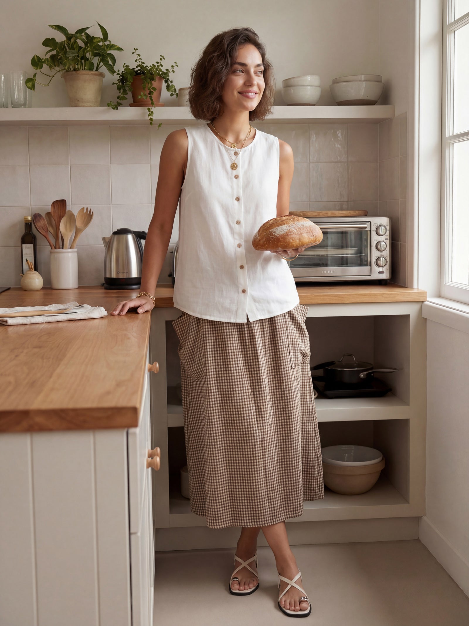 Woman holding bread in a kitchen with wooden countertops and white cabinets.