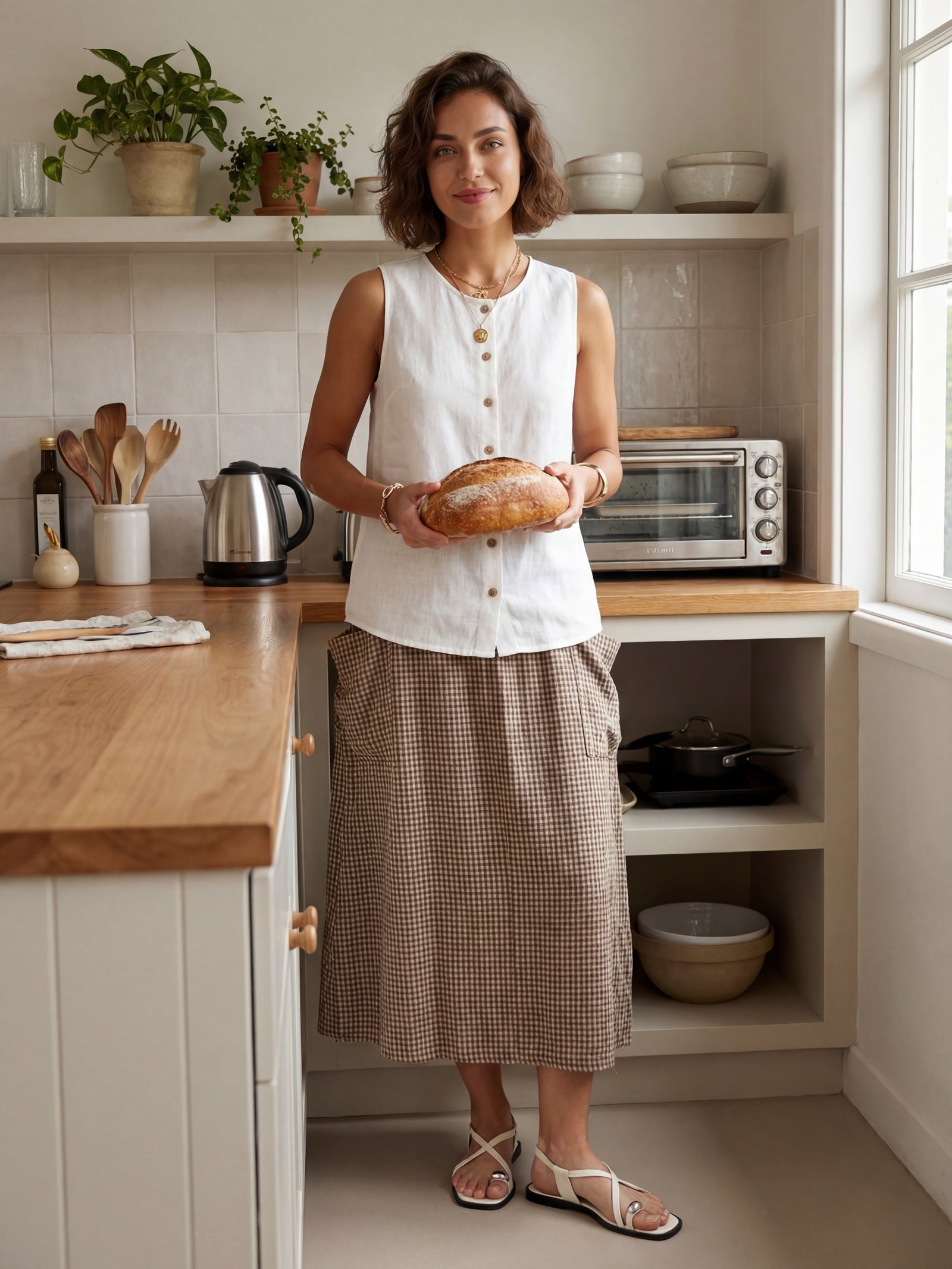 Woman holding bread in a kitchen with wooden countertops and white cabinets.