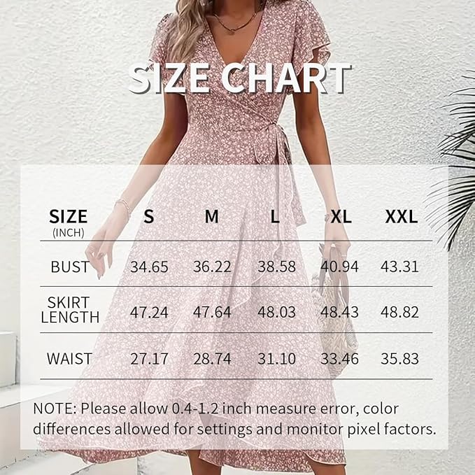 Size chart overlay on a model wearing a floral dress with measurements displayed.