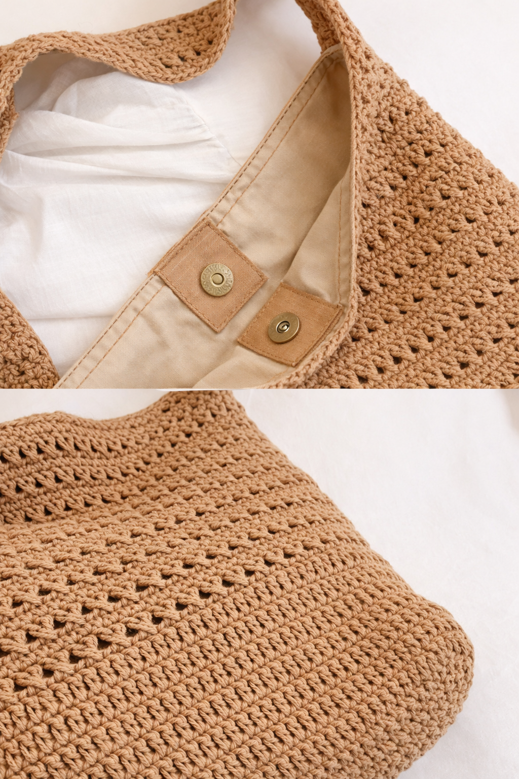 Brown crochet garment with button details on a white background