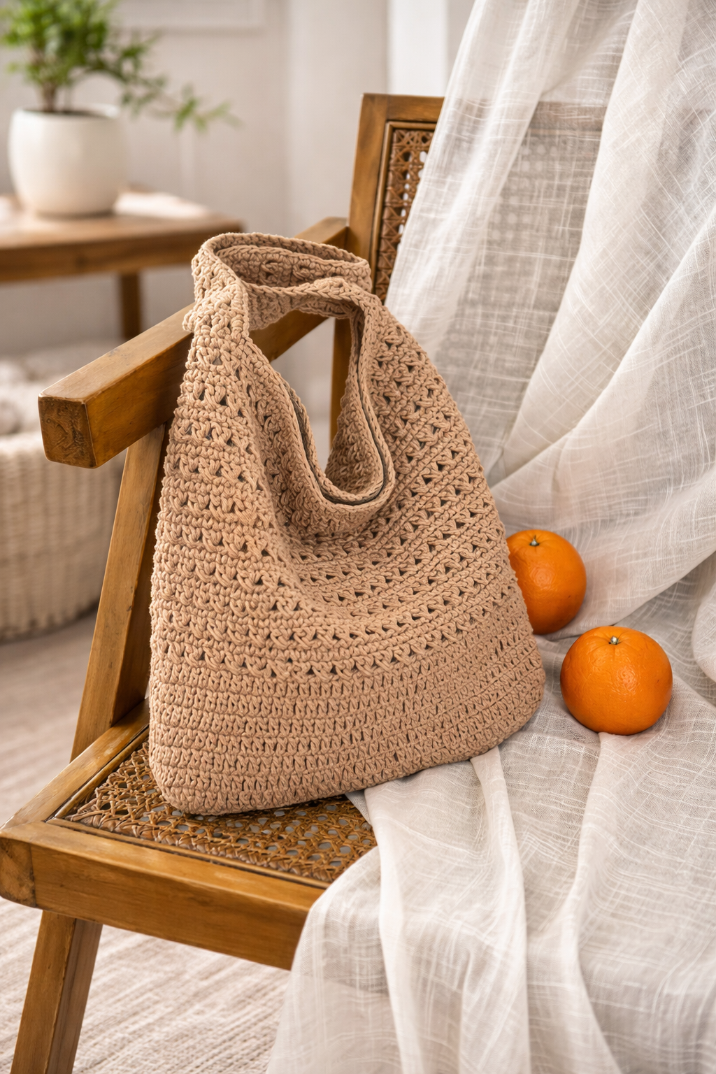 Beige crochet bag on a wooden chair with oranges and a plant in the background