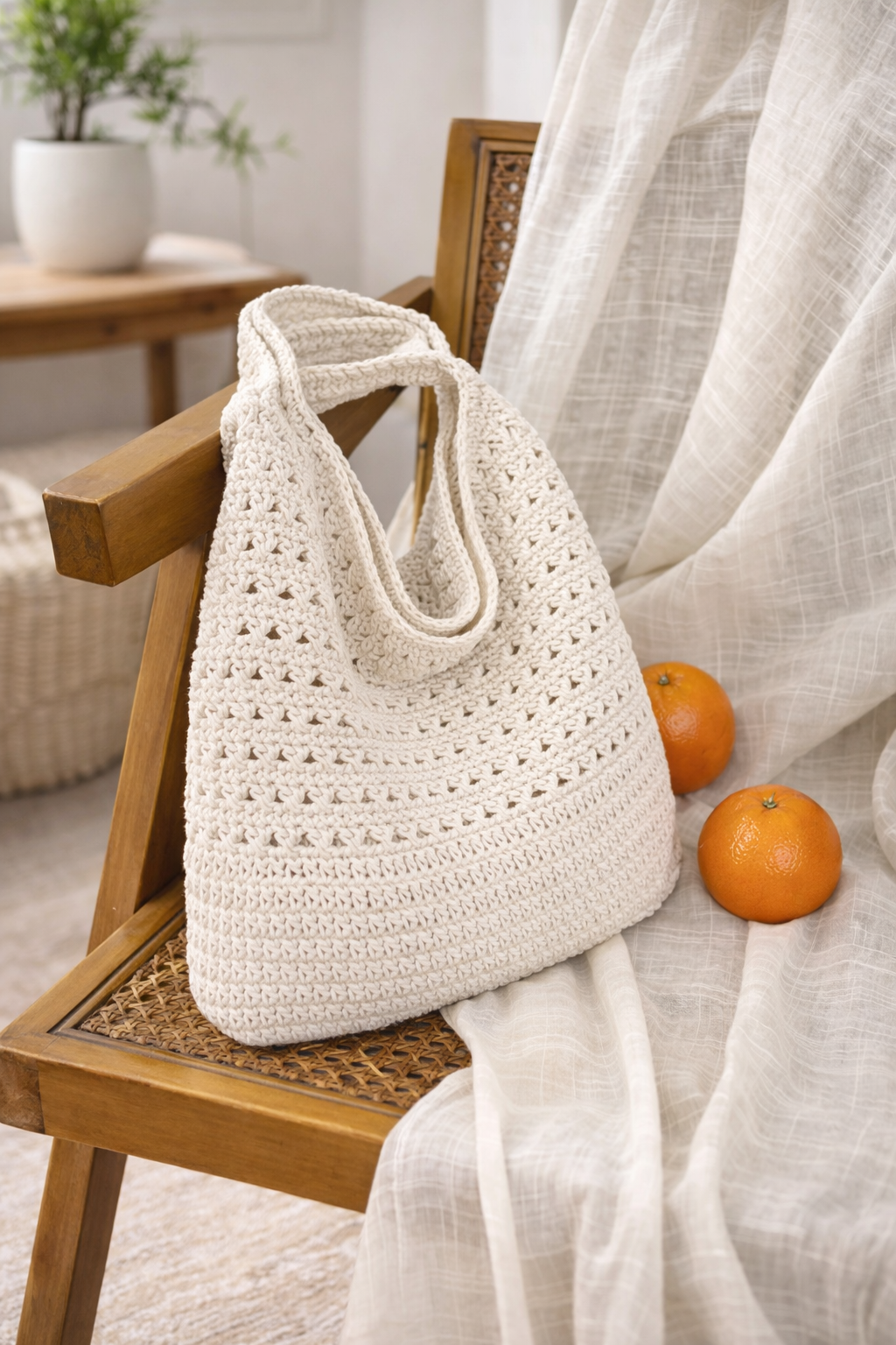 White crochet bag on a wooden chair with a curtain and oranges in the background