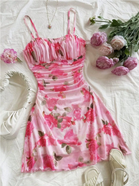 Boho Floral Spaghetti Strap Mini Dress – Ruched Ruffle Hem