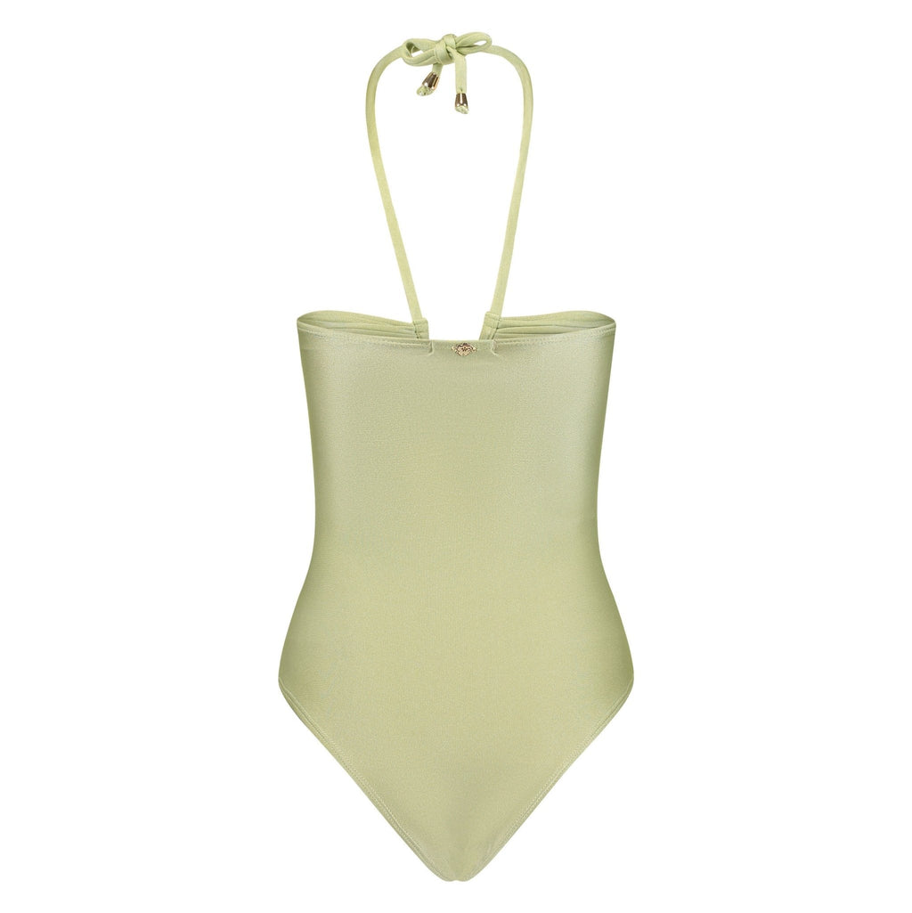 Light green swimsuit with thin straps on a white background