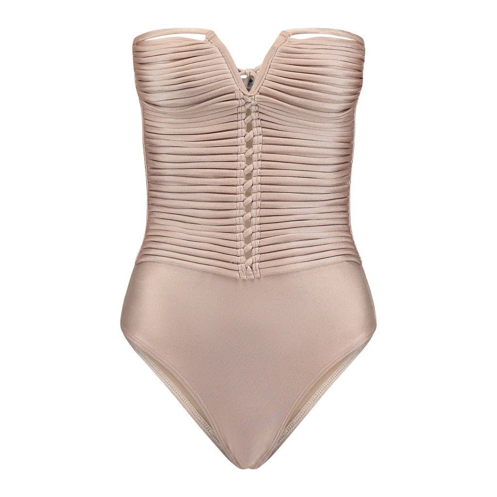 Beige one-piece swimsuit with pleated design on a white background