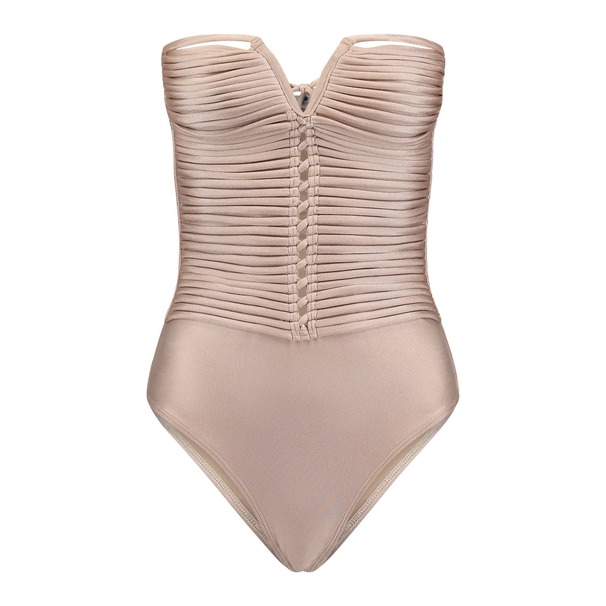 Beige one-piece swimsuit with pleated design on a white background
