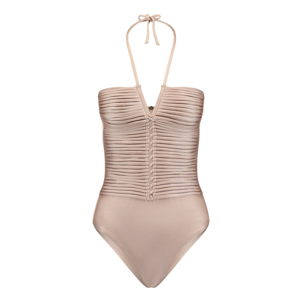 Beige one-piece swimsuit with pleated design on a white background
