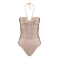 Beige one-piece swimsuit with pleated design on a white background