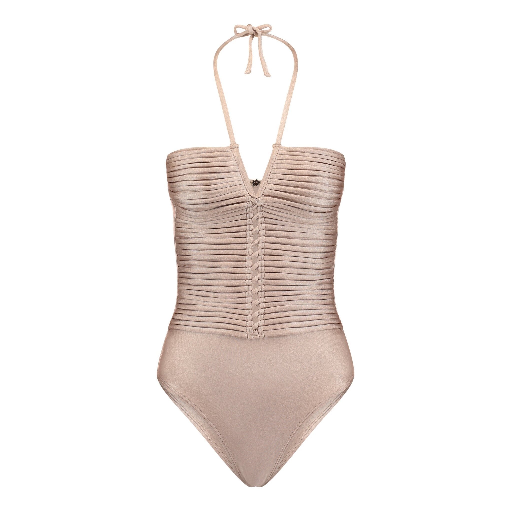 Beige one-piece swimsuit with pleated design on a white background