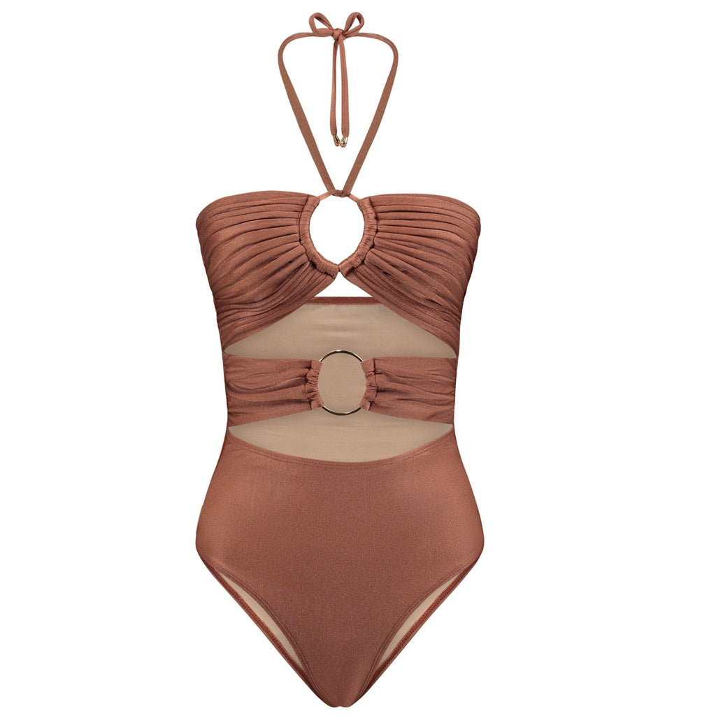 Brown one-piece swimsuit with a halter neck design on a white background