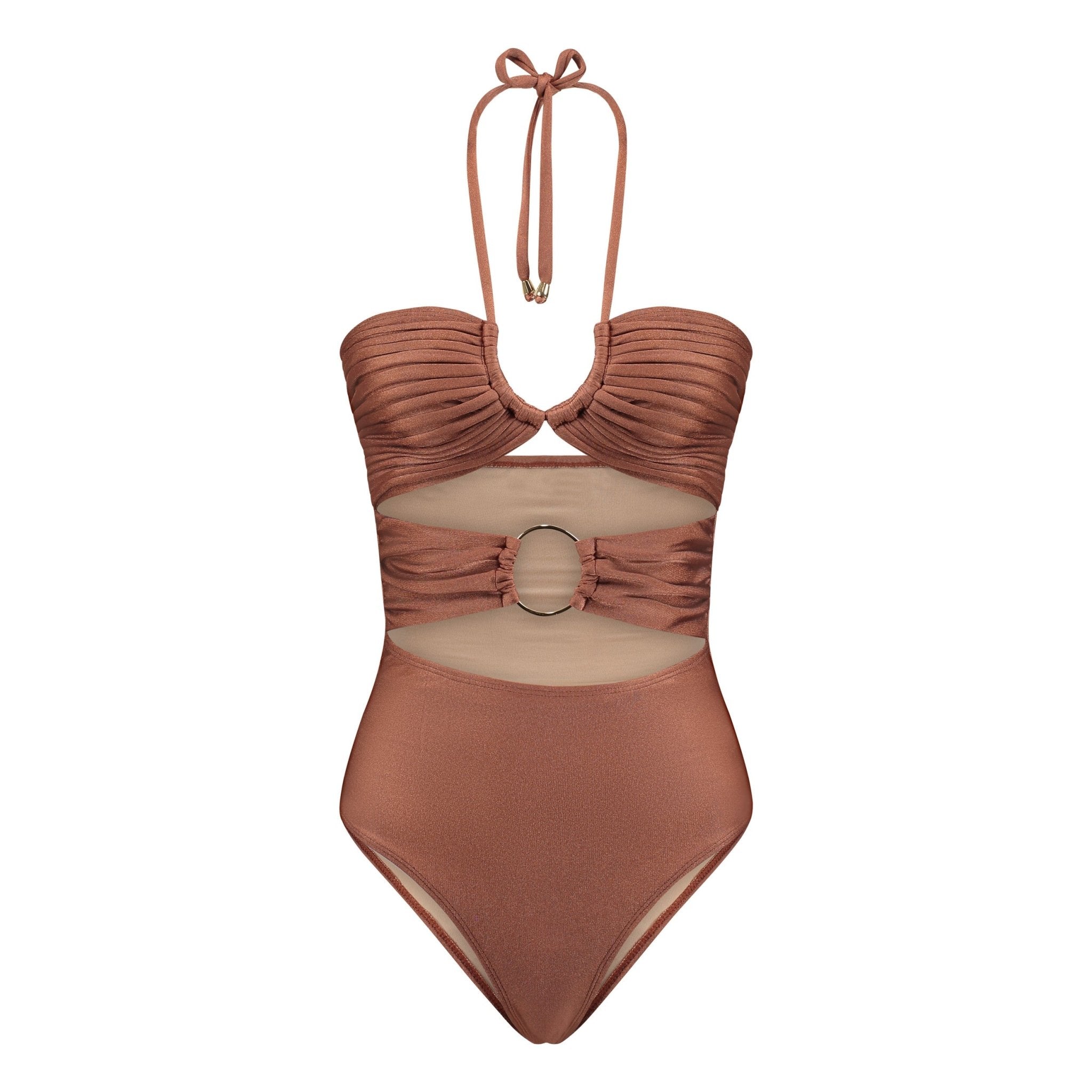 Brown swimsuit with cut-out design on a white background