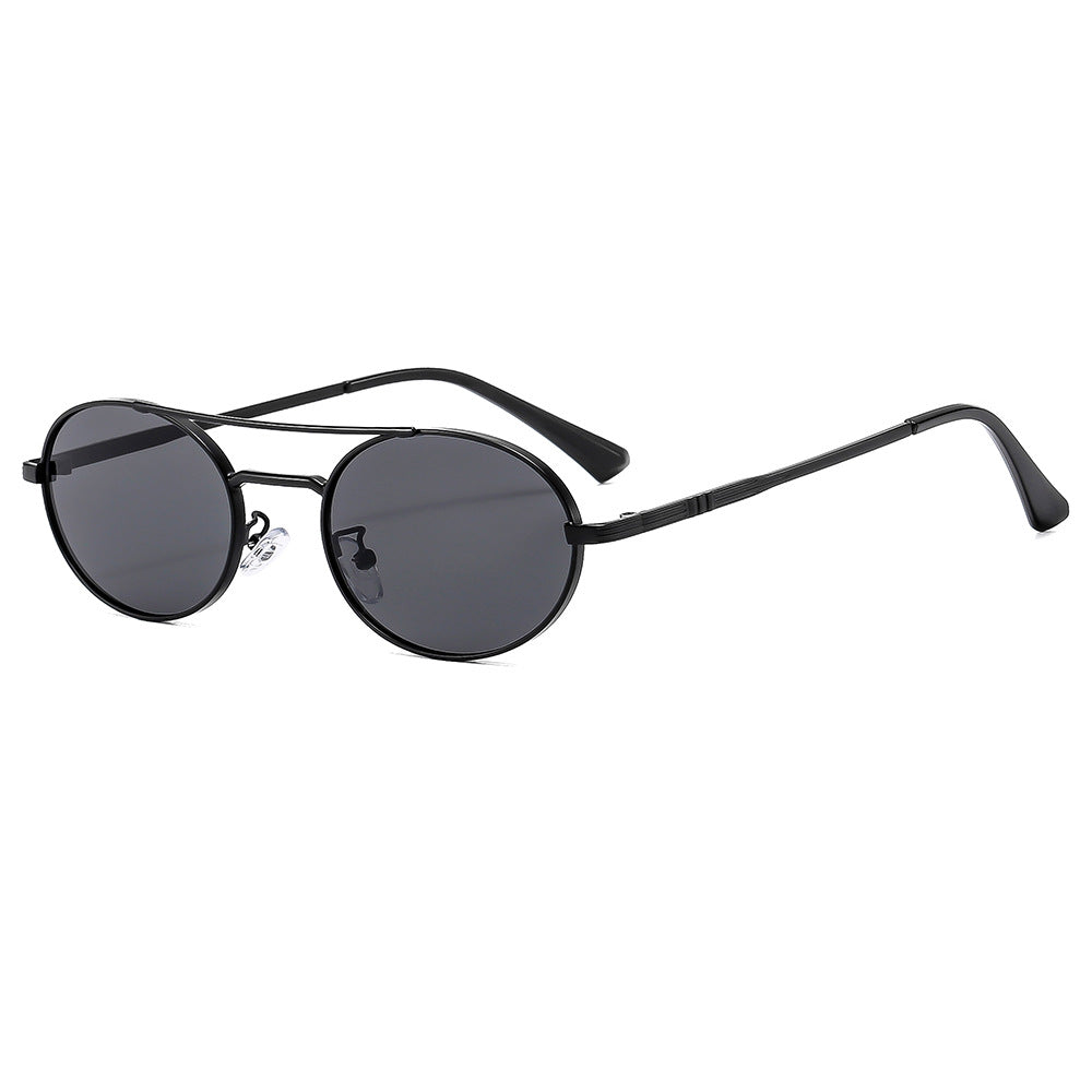 Round sunglasses with black frames and dark lenses on a white background