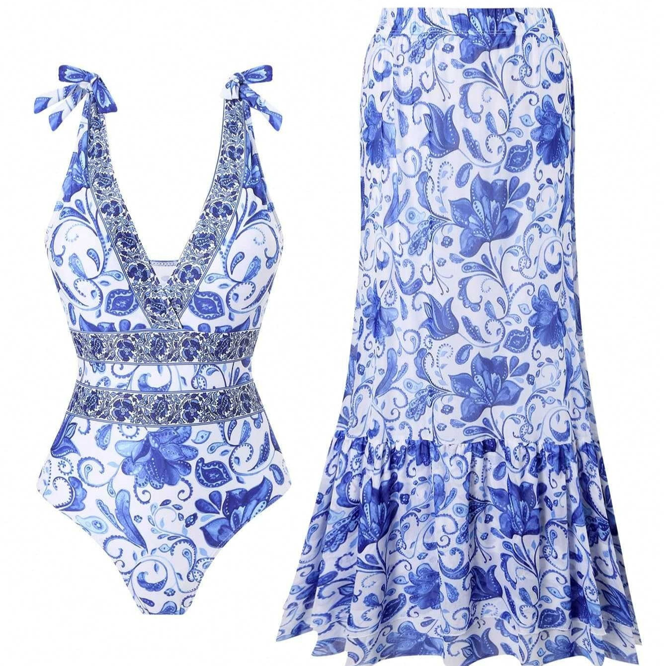 Blue and white floral swimsuit and skirt set on a white background